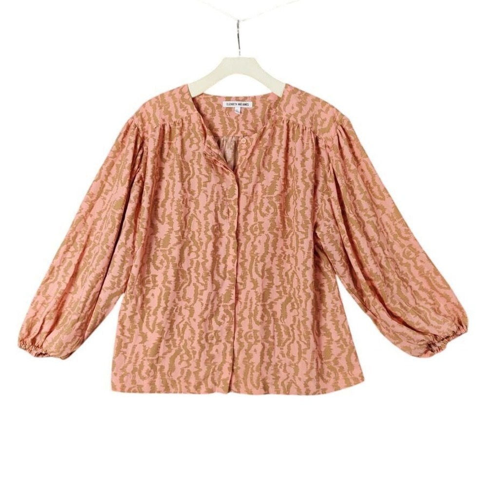 Elizabeth and James Womens Earthy Coastal Blouse L Pink Abstract Balloon Sleeve